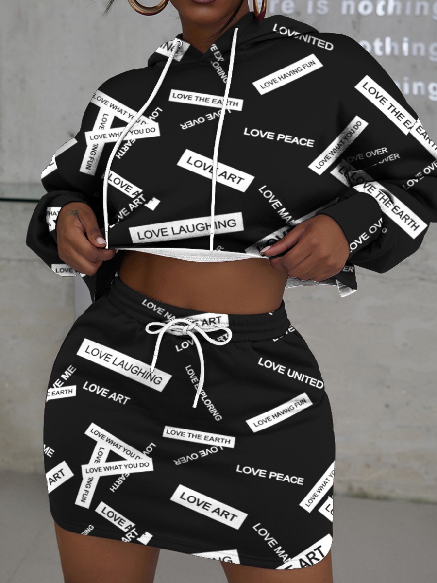 

LW Letter Print Drawstring Skirt Set, Black