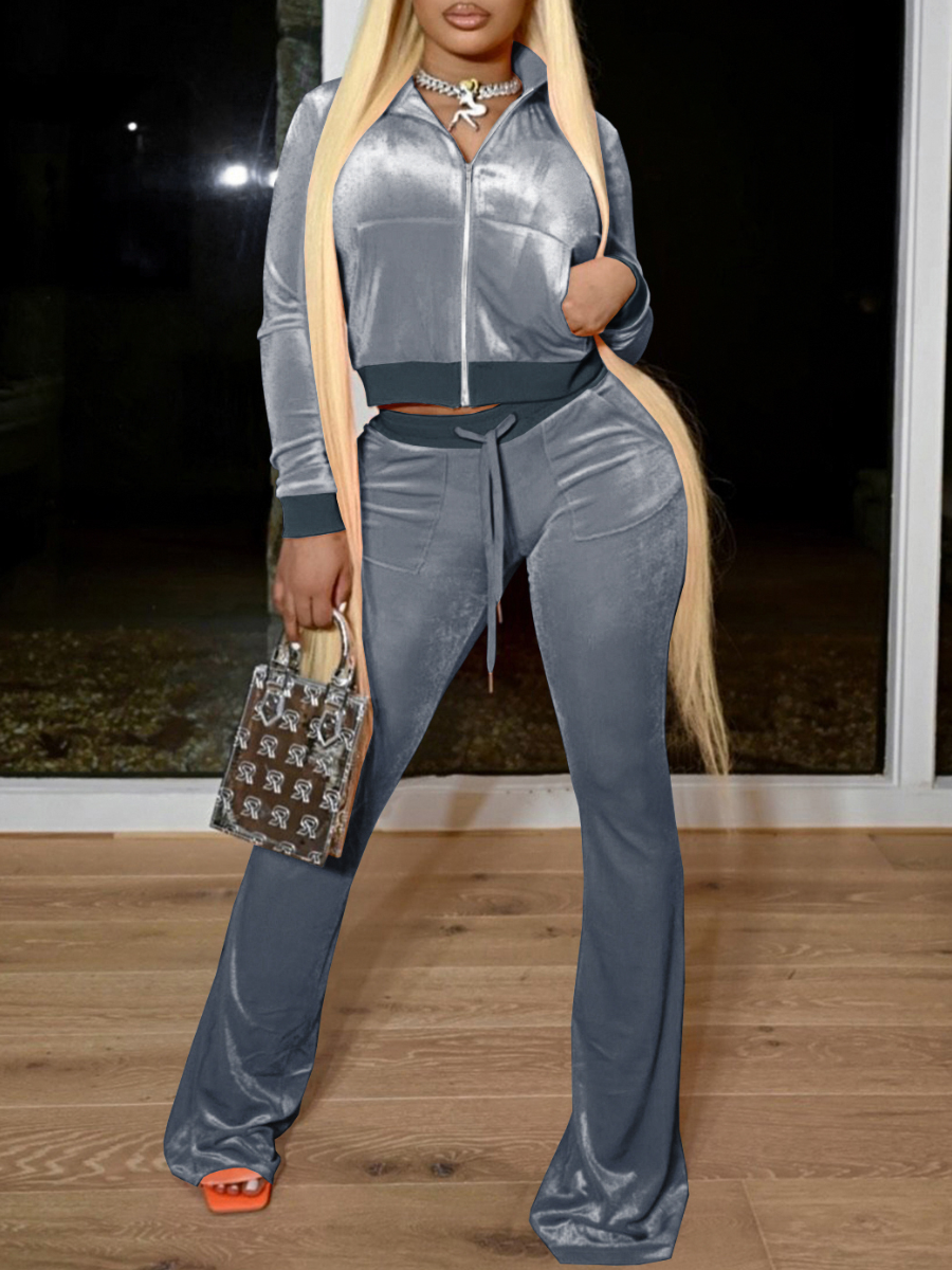 

LW Velvet Pocket Design Crop Top Tracksuit Set, Grey