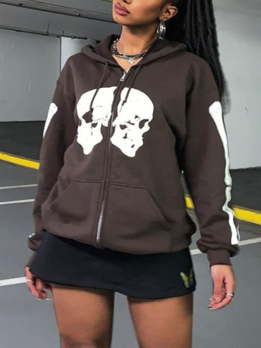 

LW Sweat Skull Head Print Kangaroo Pocket Outerwear, Brown