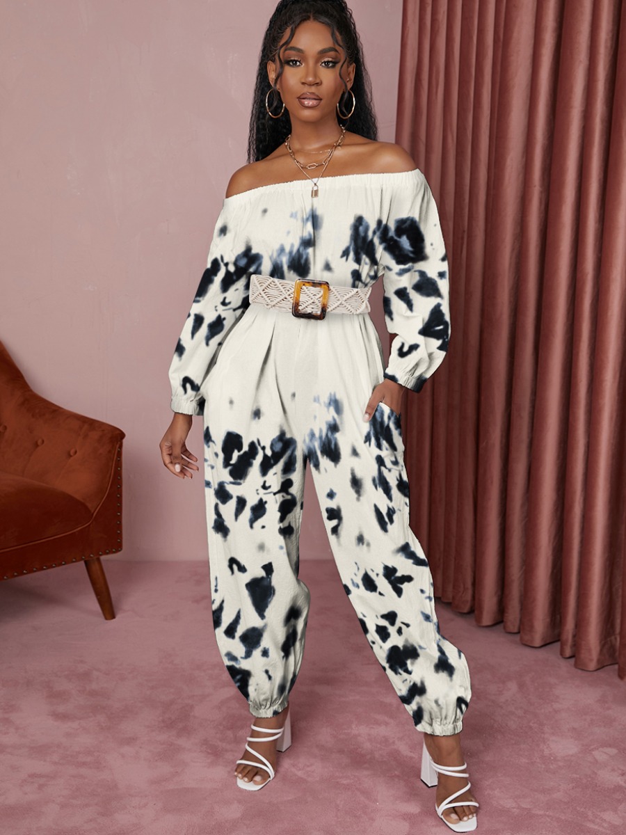 

LW Off The Shoulder Tie Dye Jumpsuit, Black and white