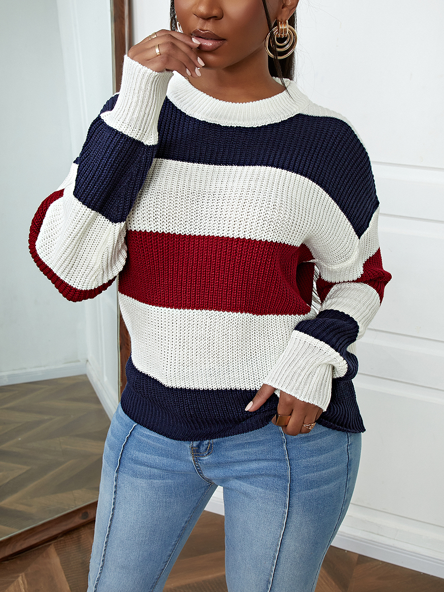 

LW Striped Patchwork Loose Sweater, Royalblue