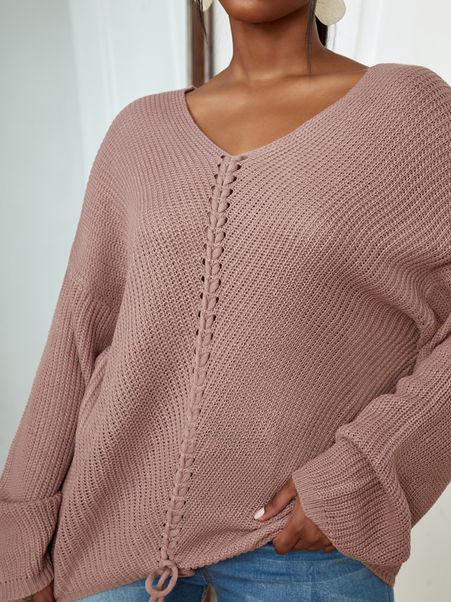 

LW V Neck Bandage Design Sweater, Pink