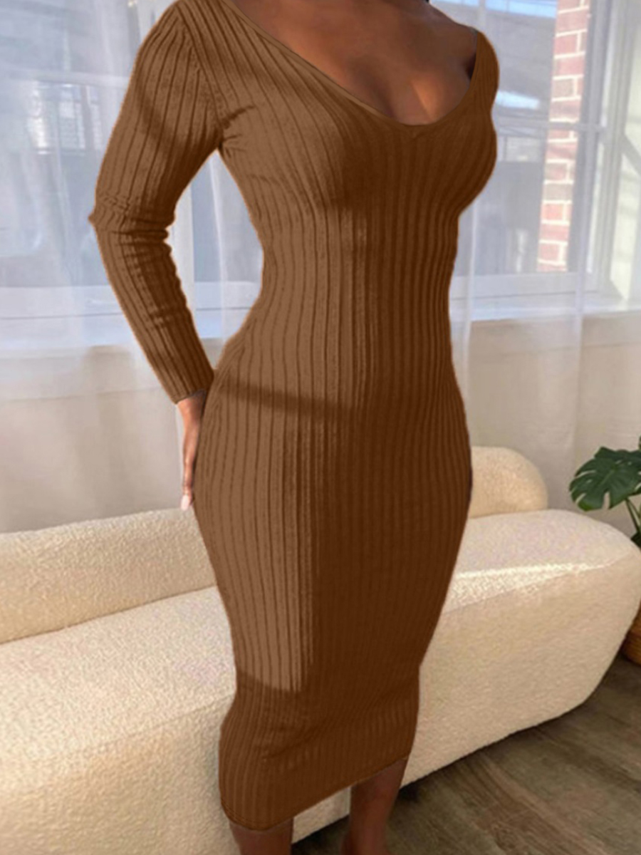 

LW BASICS Rib-Knit Solid Bodycon Dress, Coffee