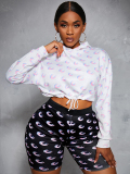 LW Hooded Collar Print Drawstring Shorts Set
