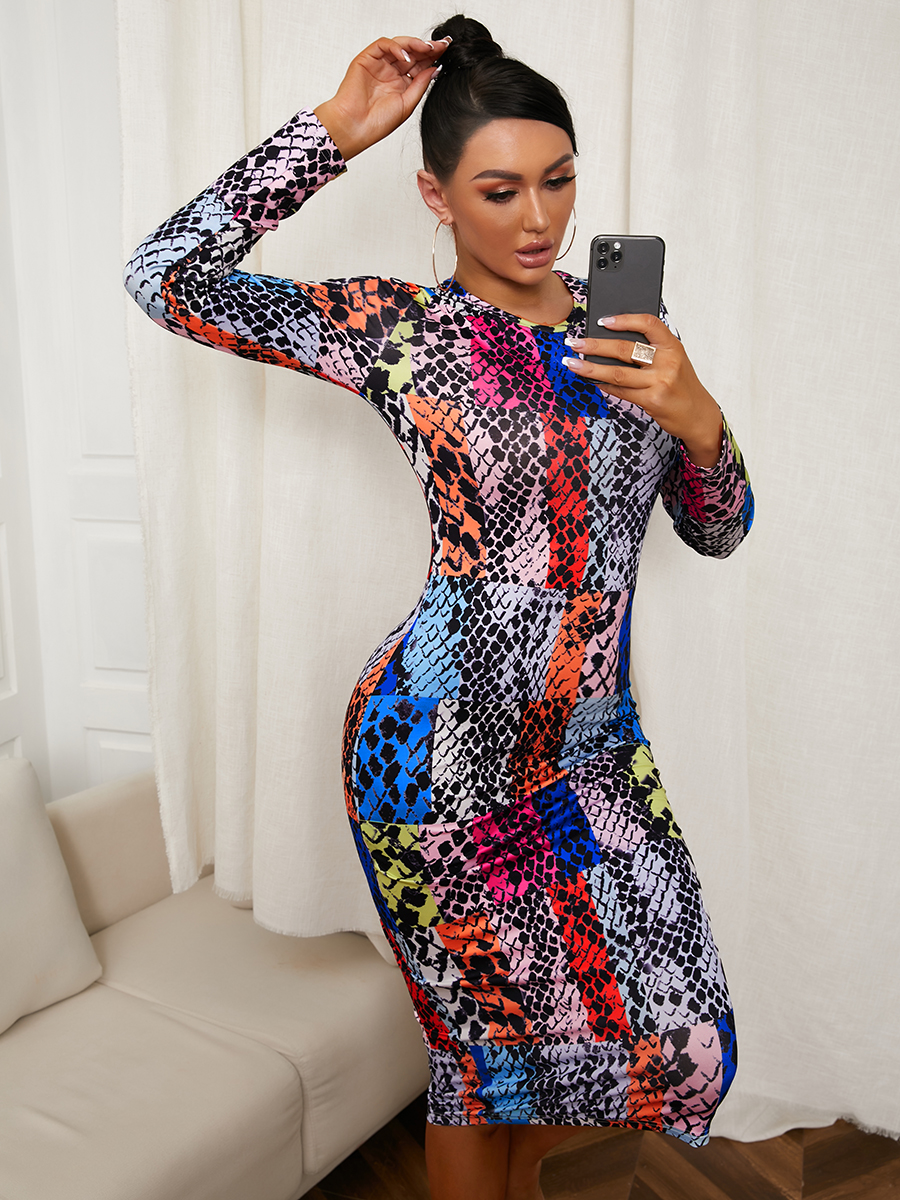 LW Trendy Snakeskin Print Mid Calf Dress