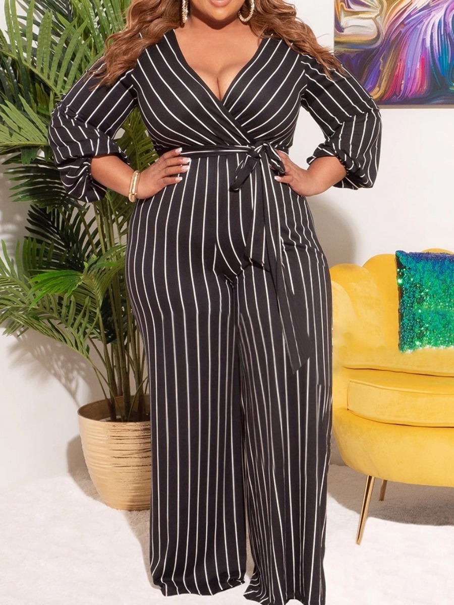

LW Plus Size Tie Waist Striped Jumpsuit, Black