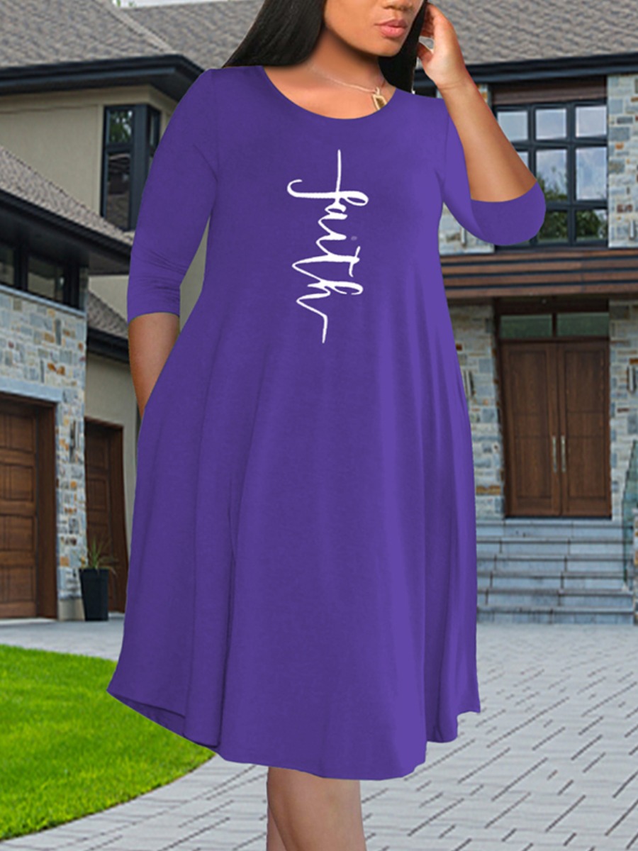 

LW Plus Size Letter Print Pocket Design T-shirt Dress, Purple