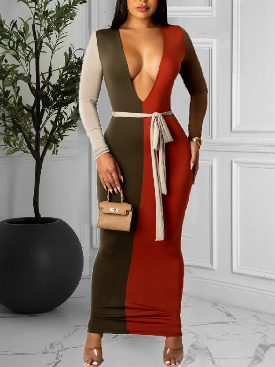 

LW SXY V Neck Color Block Patchwork Bodycon Dress, Jacinth