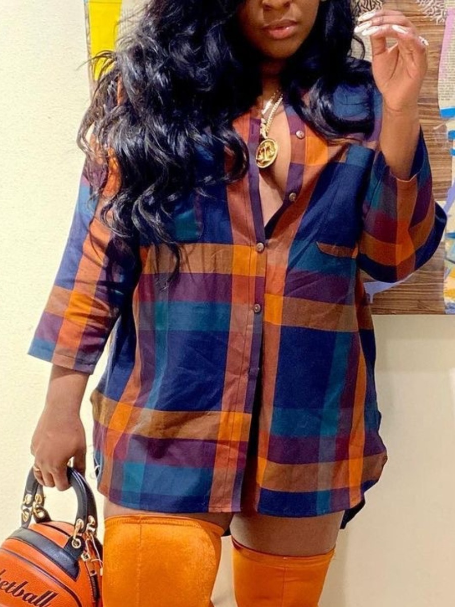 

LW Button Design Plaid Multicolor Shirt Dress, Multicolor lattices