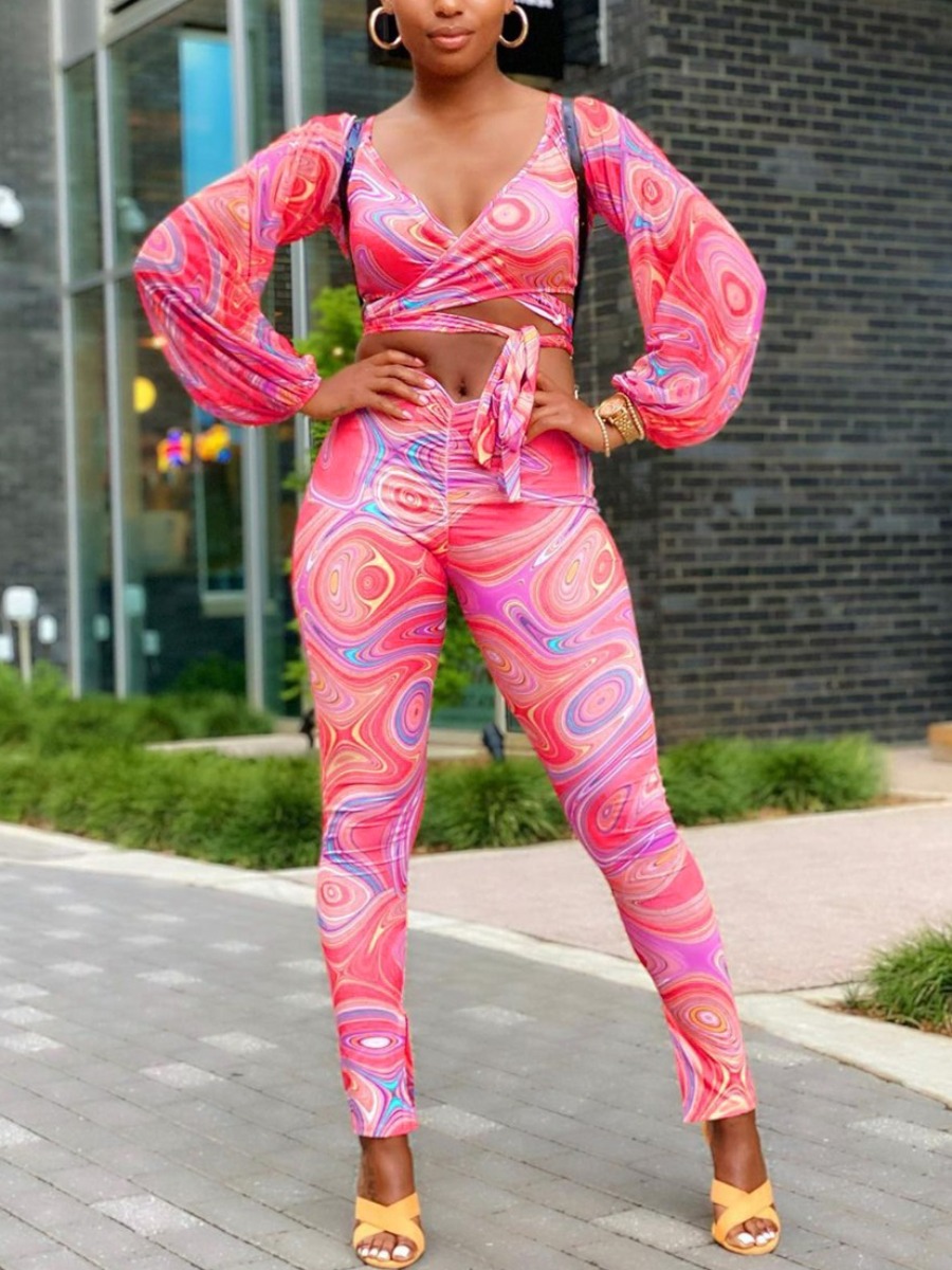 

LW SXY Mixed Print Front Tie Ruched Pants Set, Jacinth