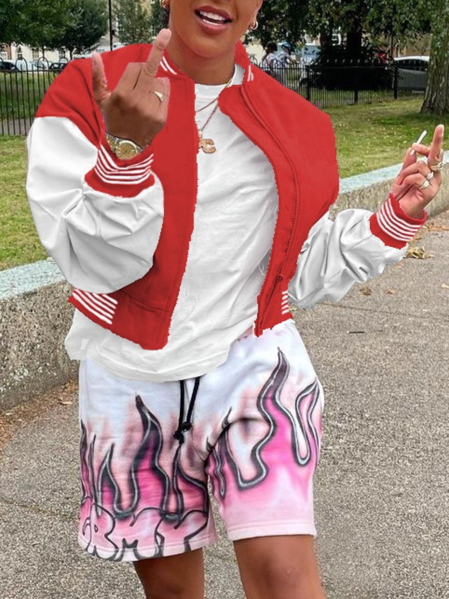 

LW Baseball Collar Zipper Design Jacket, Red