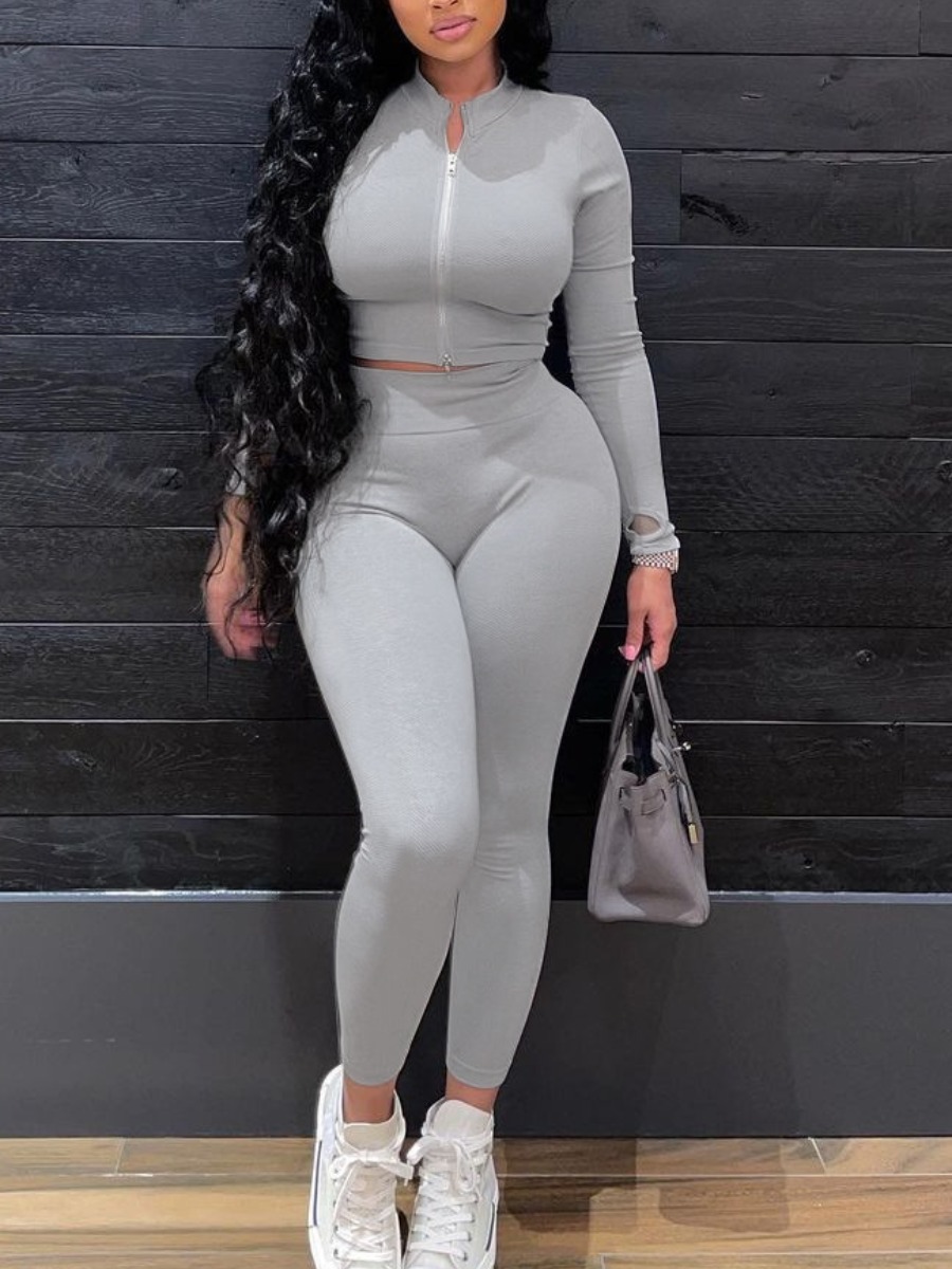 

LW BASICS Zipper Design Pants Set, Grey