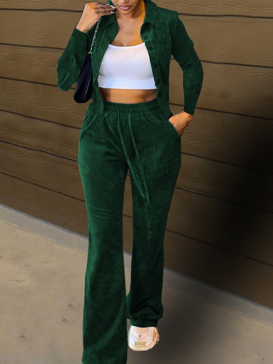 

LW Velvet Drawstring Button Up Pants Set, Black green