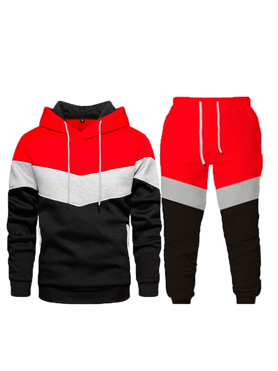 LovelyWholesale Men Drawstring Color-lump Patchwork Sweatsuit Set Fall Long Sleeve Sporty Patchwork Hooded Collar Spring Summer 2024