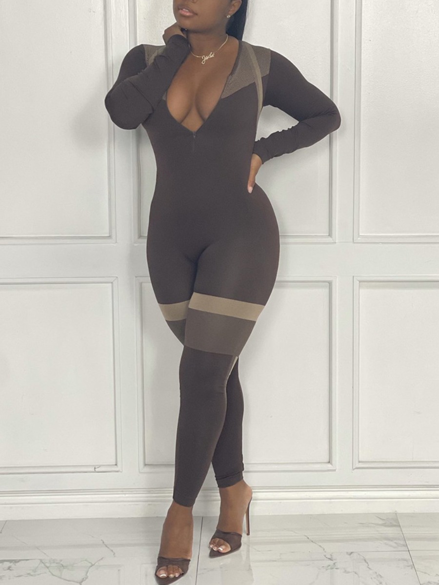 

LW Striped Zip Up Skinny Jumpsuit, Coffee