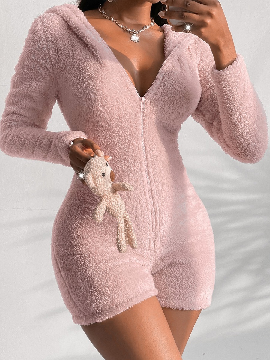 

LW Plush Zipper Design Teddy Romper, Pink