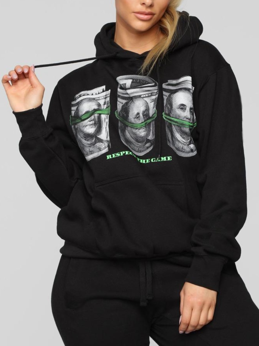 

LW Money Letter Print Hoodie, Black
