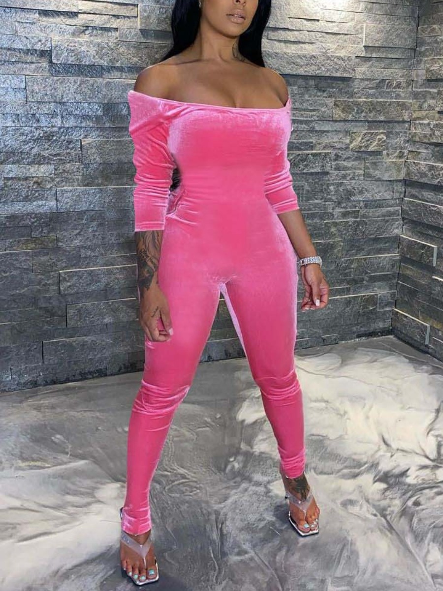 

LW SXY Velvet Off The Shoulder Skinny Jumpsuit, Pink
