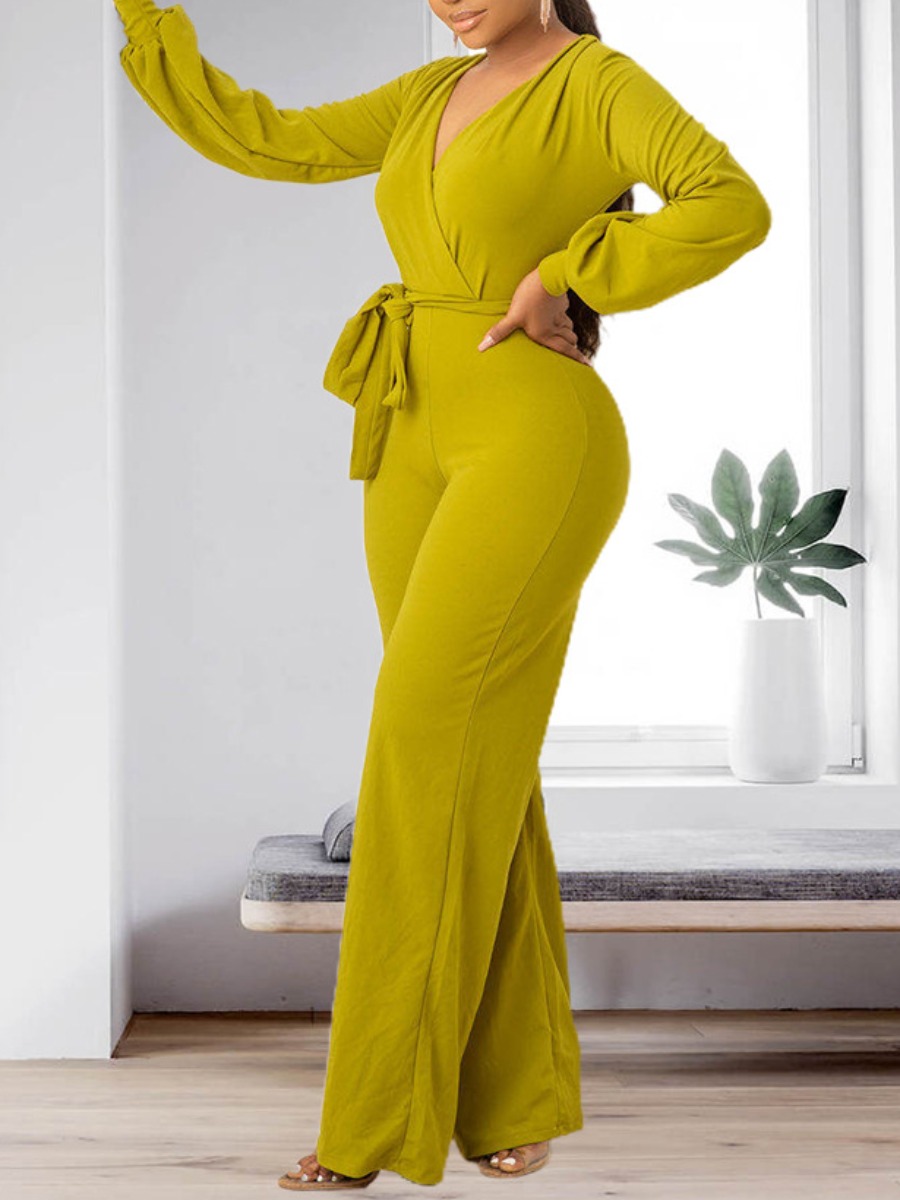 

LW SXY Waist Tie Basic Solid Jumpsuit, Green