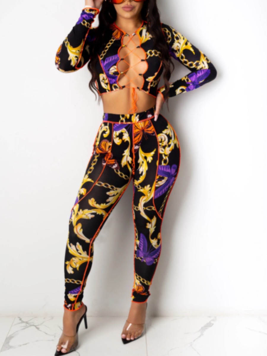 

LW SXY Bandage Hollow Out Design Pants Set, Purple