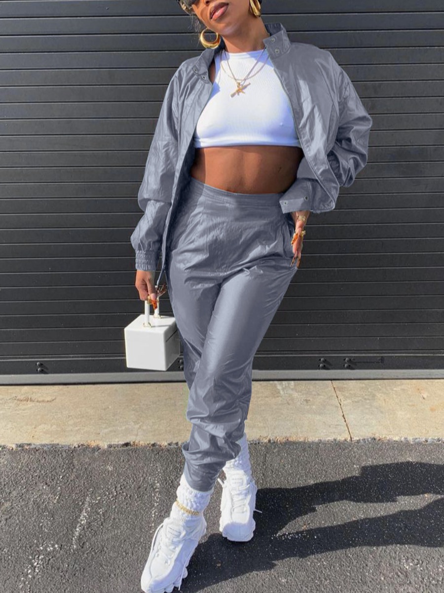 

LW Elastic Waist Zip Up Tracksuit Set （Without Bras）, Grey