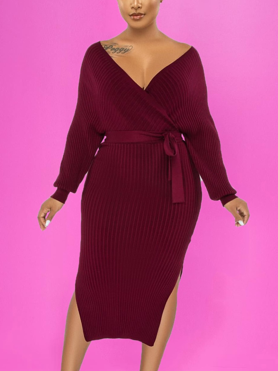 

LW Rib Knit Slit Belted Bodycon Dress, Wine red