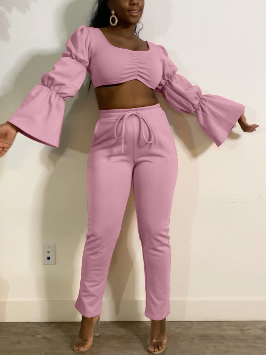 

LW Flare Sleeve Ruched Crop Top Pants Set, Pink