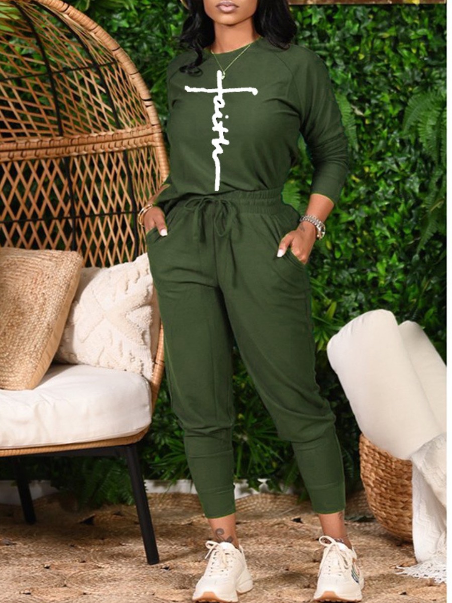 

LW Cotton Pullover Letter Print Pants Set, Army green