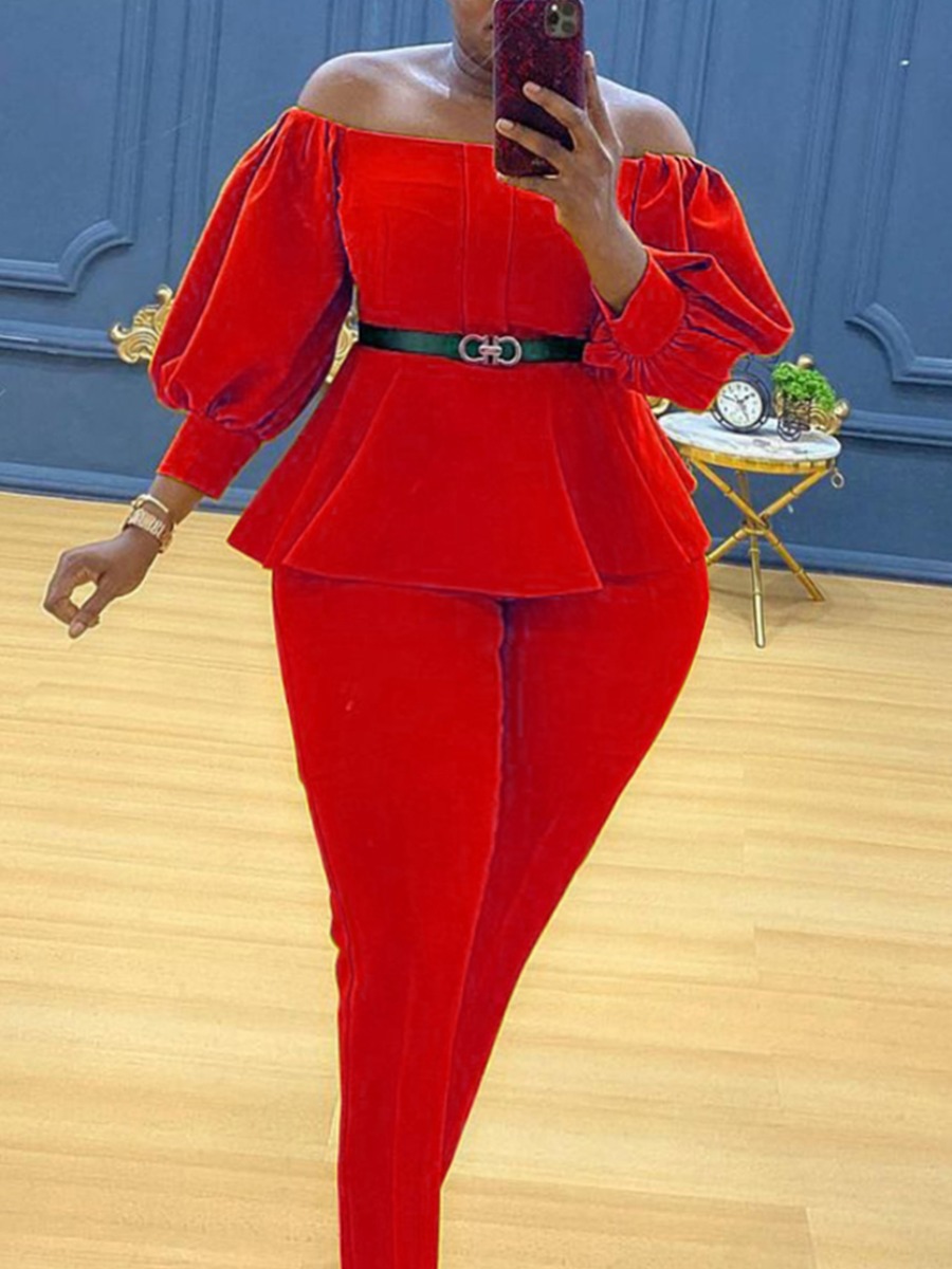 LW Plus Size Puff Sleeve Ruffle Design Pants Set (