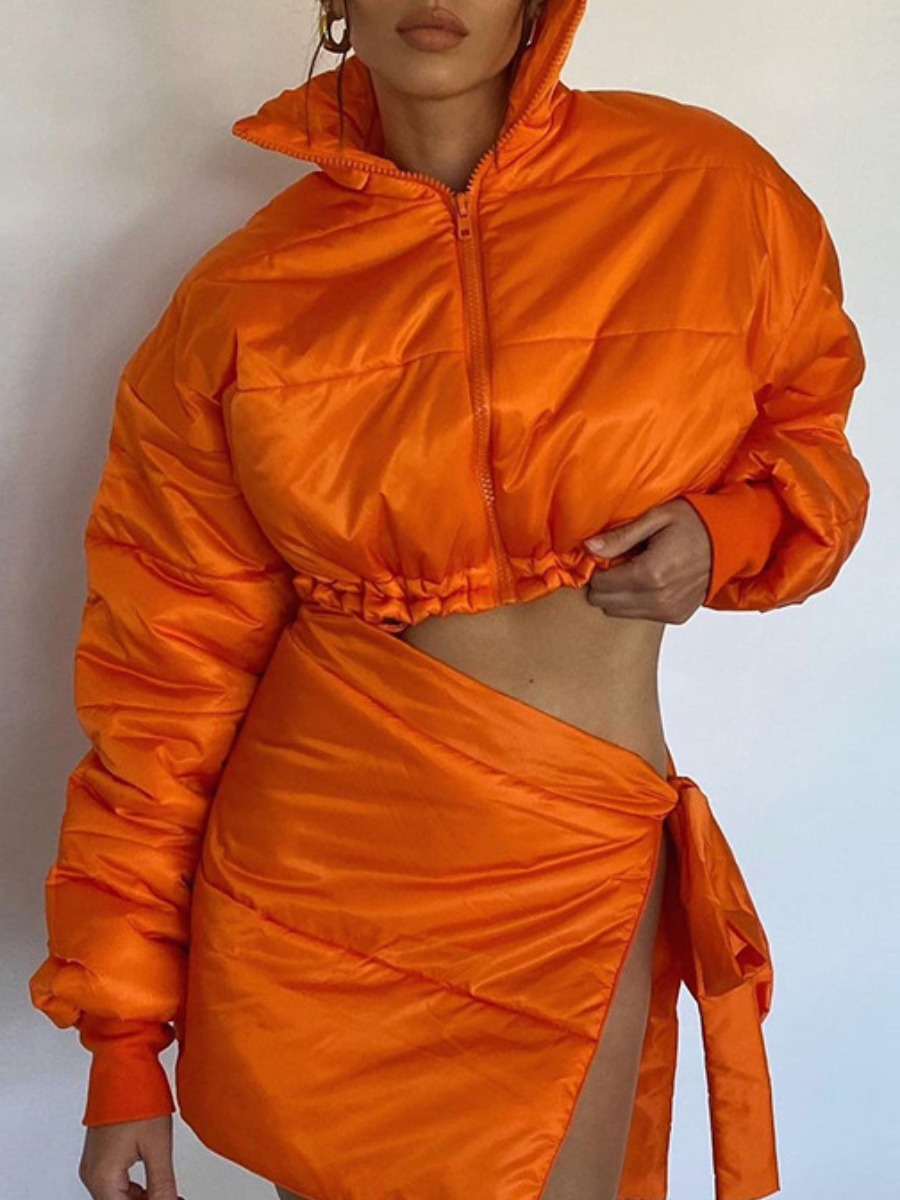 

LW Zipper Design Crop Top Short Parka, Orange
