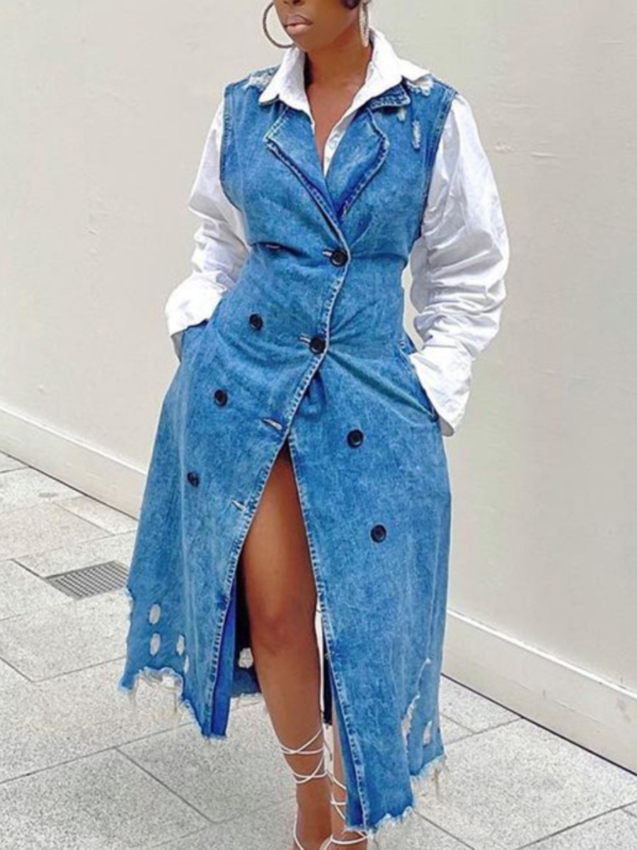 

LW Sleeveless Ripped Raw Edge Denim Dress, Blue