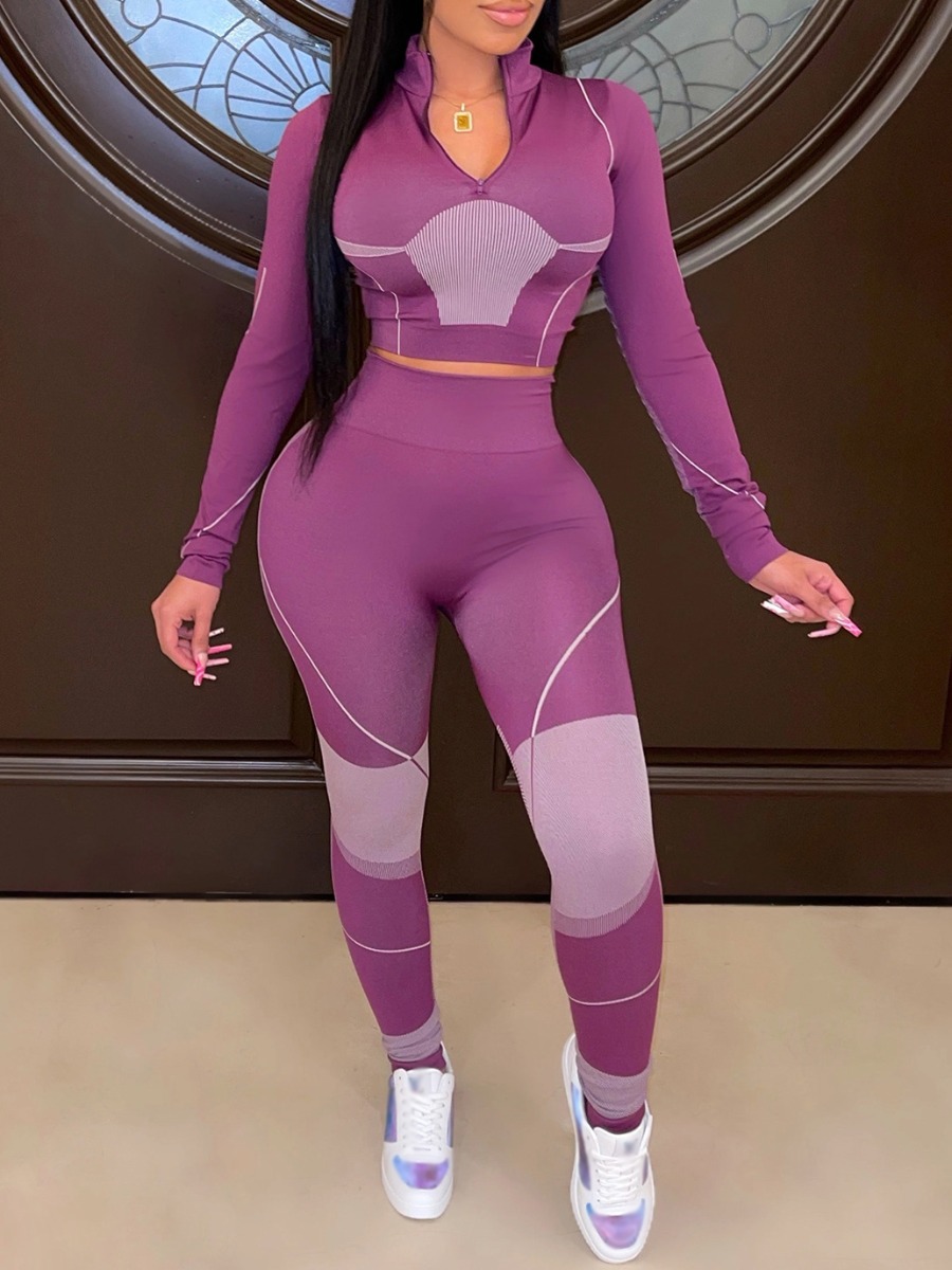 

LW Patchwork Zipper Design Pants Set, Purple
