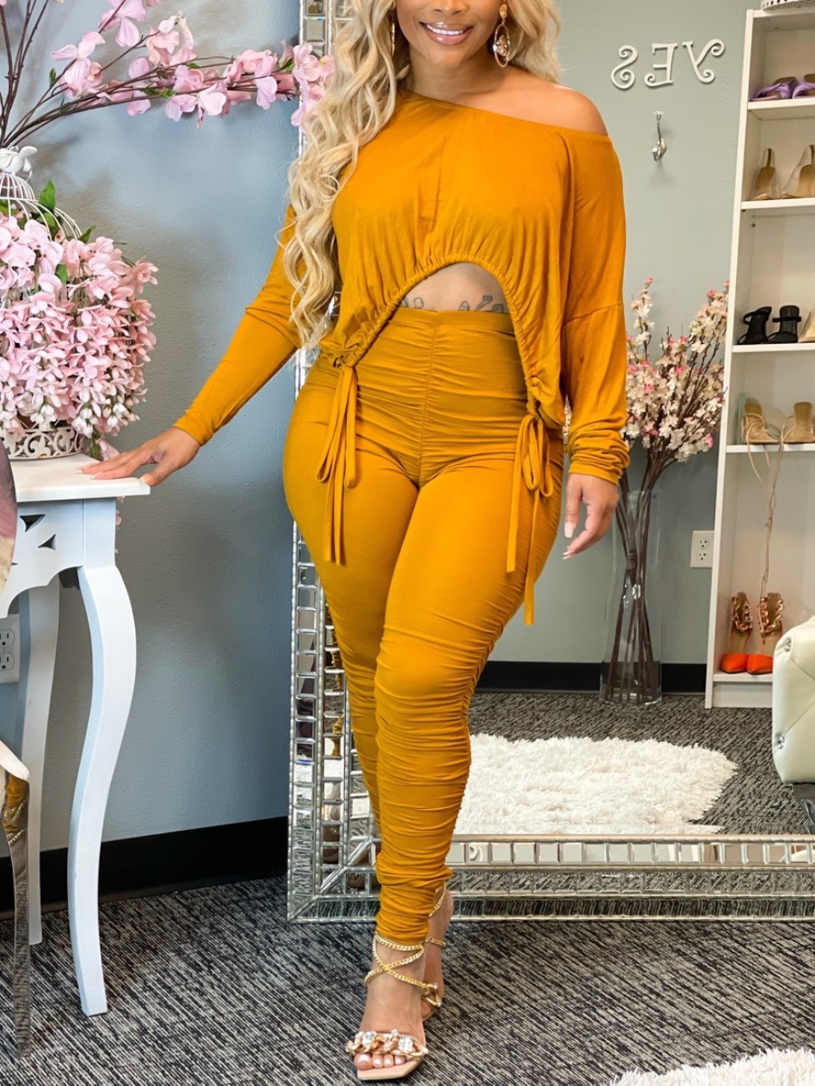 

LW Drawstring Solid Asymmetry Pants Set, Yellow