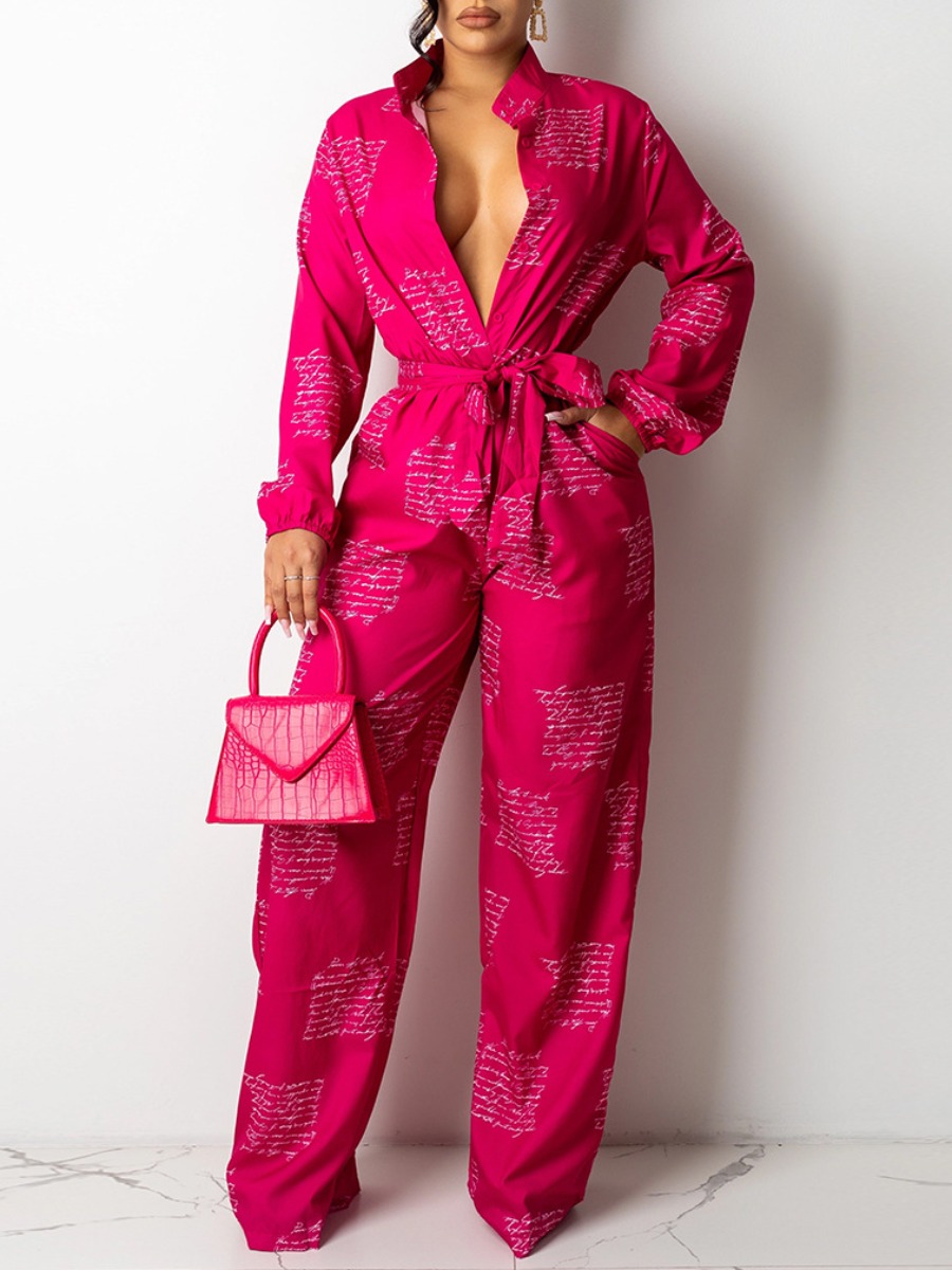

LW Letter Print Button Design Belted Jumpsuit, Rose red