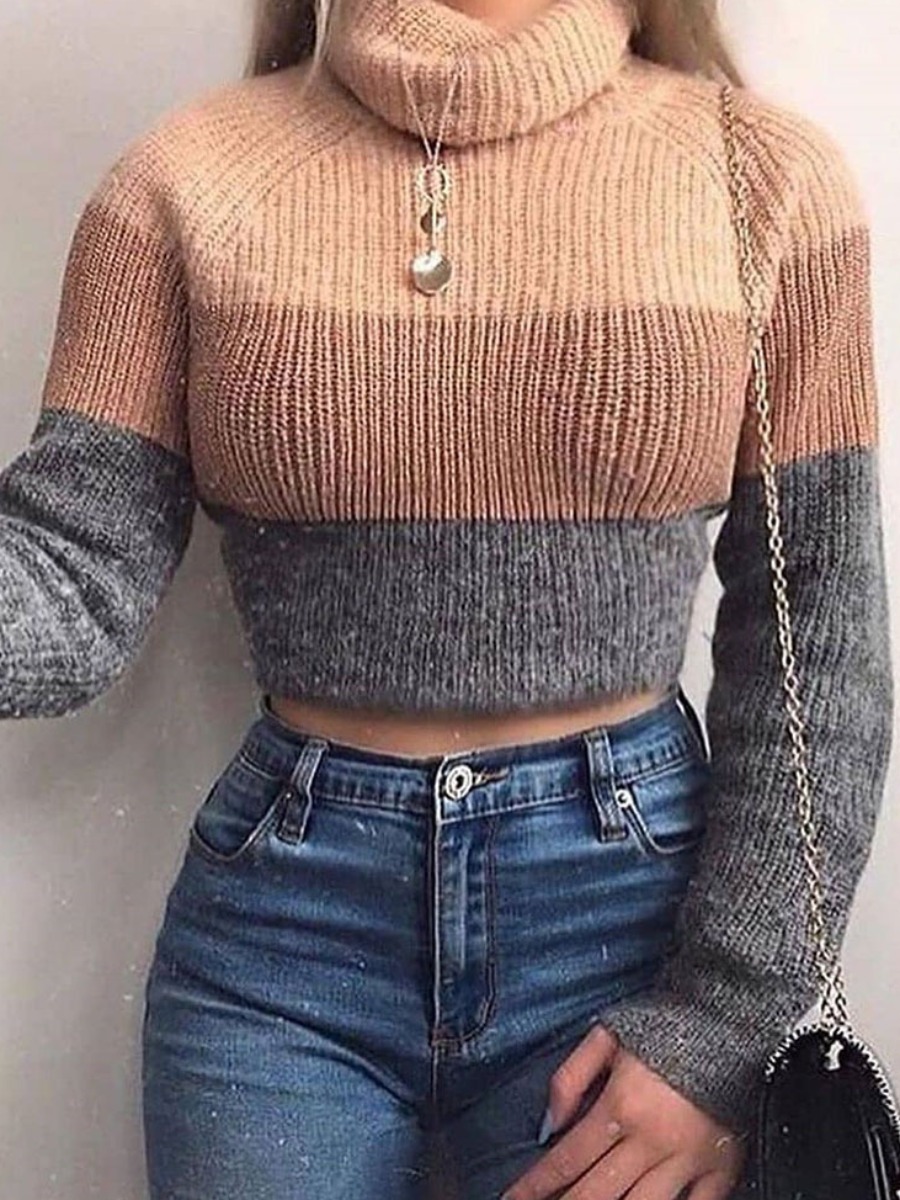 

LW Striped Patchwork Crop Sweater, Khaki