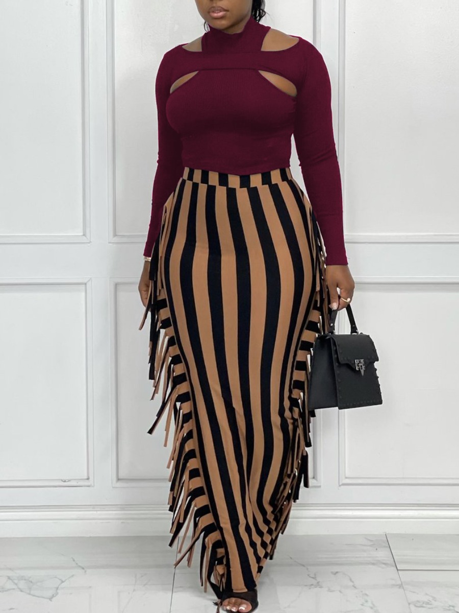 

LW Tassel Design Striped Skinny Skirt Set, Wine red