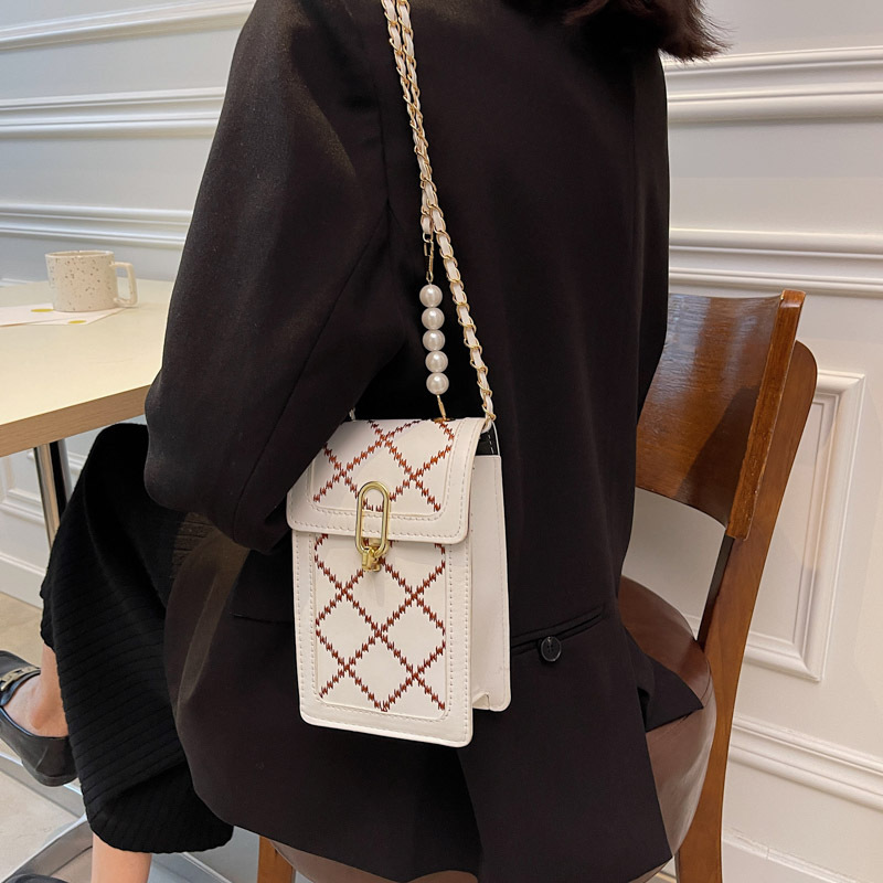 

LW BASICS Plaid Pearl Decor Square Shoulder Bag, White