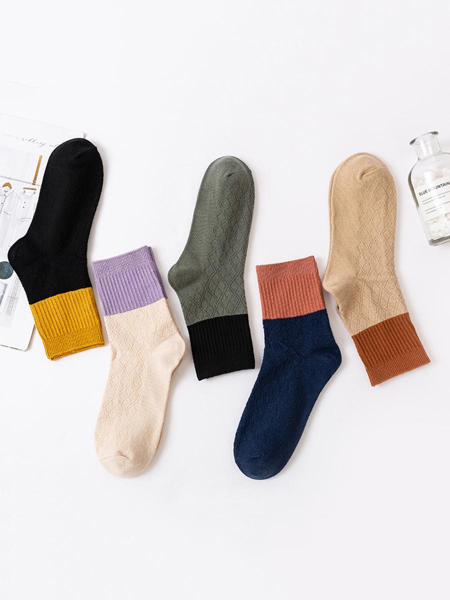 

LW COTTON 5pairs Color Block Patchwork Socks, Multi