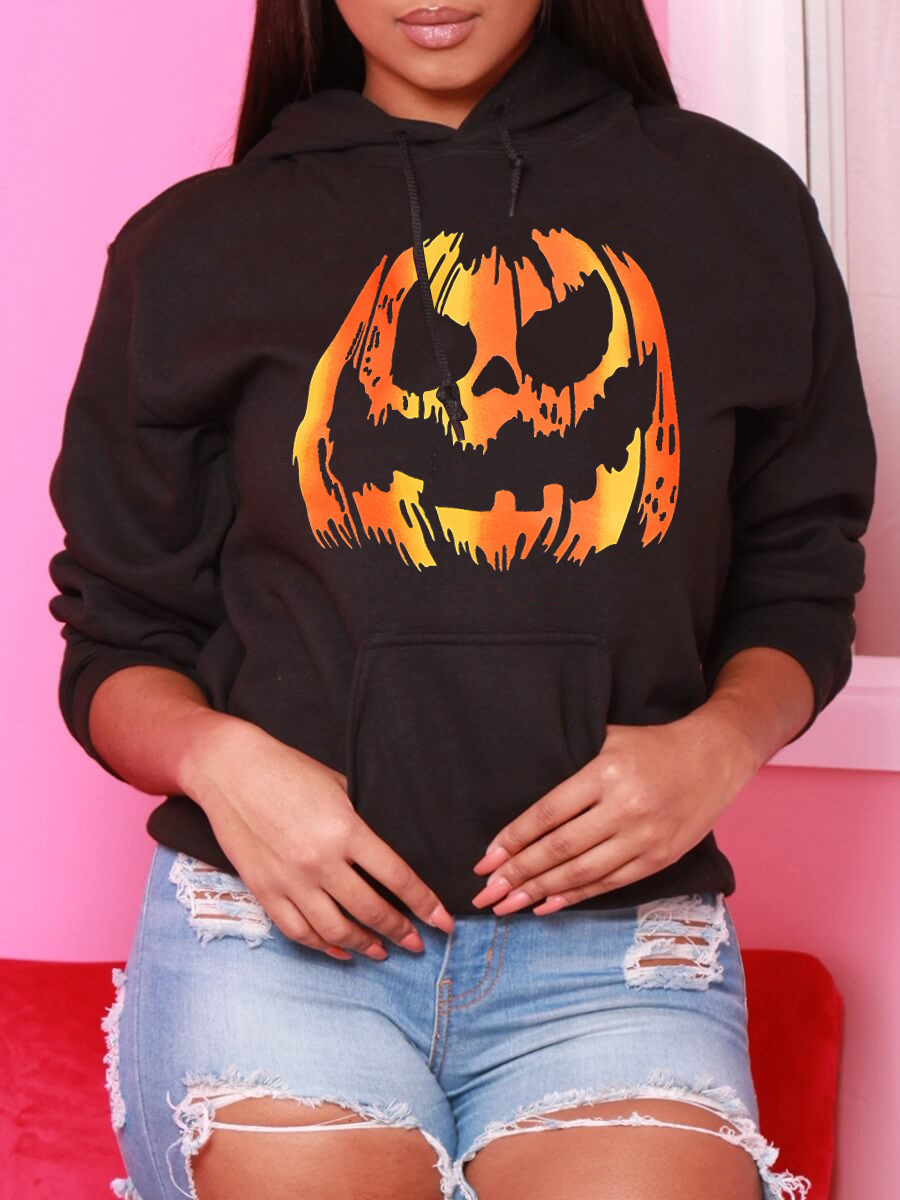 

LW Pumpkin Print Kangaroo Pocket Hoodie, Black