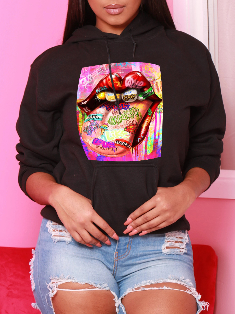 

LW Plus Size Lip Print Pocket Design Hoodie, Black