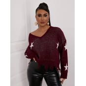 LW V Neck Print Pullovers Loose Sweaters & Cardiga