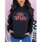 LW BASICS Letter Print Kangaroo Pocket Hoodie