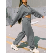 LW Casual Zipper Design Crop Top Basic Pants Set