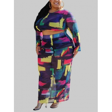 

LW Plus Size O Neck Print Skirt Set, Multi