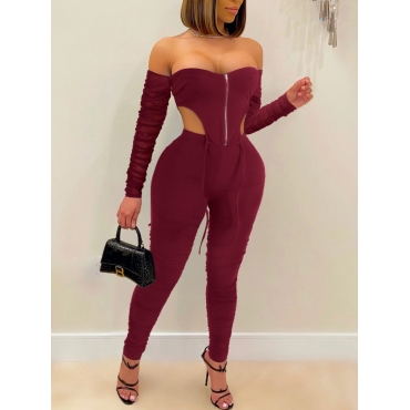

LW Zipper Design Ruched Pants Set, Wine red