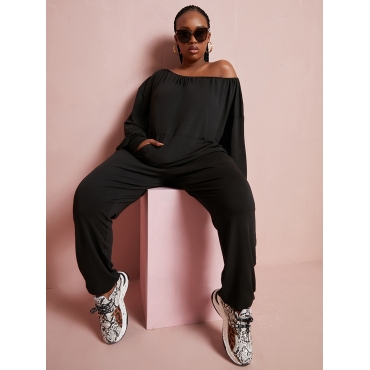 

LW Plus Size Oblique Kangaroo Pocket Pants Set, Black