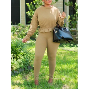 

LW Casual Ruched Flounce Design Pants Set, Coffee