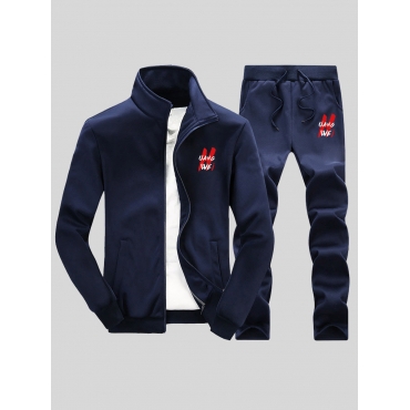 

LW Men Letter Print Pocket Design Tracksuit Set, Deep blue