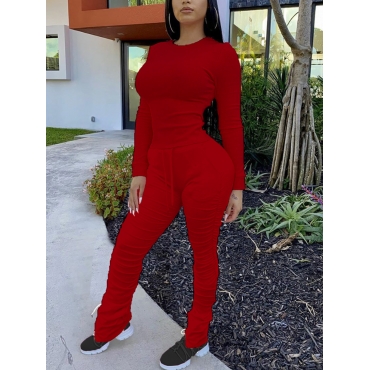 

LW Leisure O Neck Fold Design Red Two Piece Pants Set
