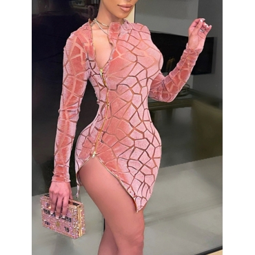 

LW SXY Velvet Gauze See-through Zipper Design Bodycon Dress, Pink